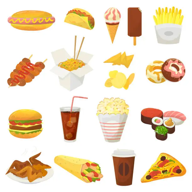 Vector illustration of Fast food vector hamburger or cheeseburger with chicken wings and eating junk fastfood snacks burger or sandwich with soda drink icecream or donut illustration isolated on white background