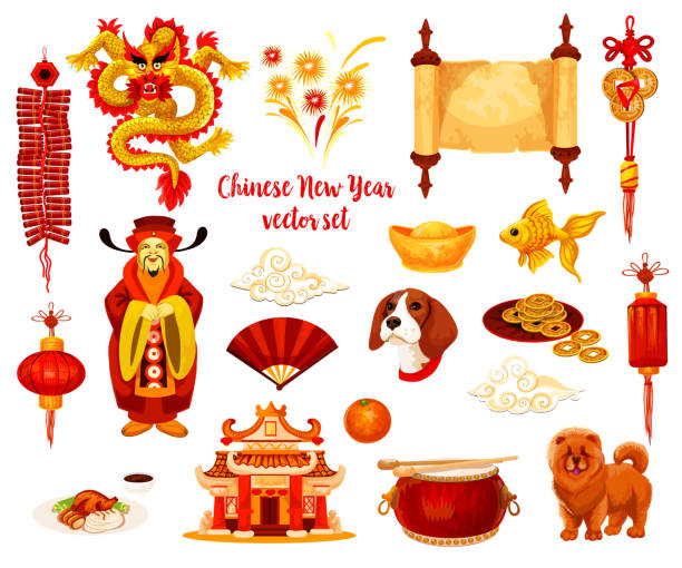 chinese lunar new year urlaub icon-design - chinese temple dog stock-grafiken, -clipart, -cartoons und -symbole