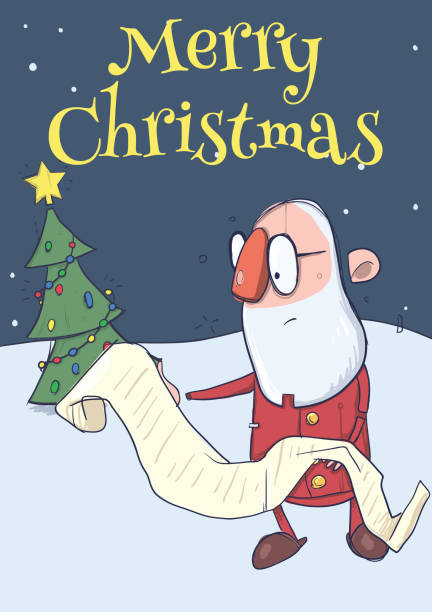 ilustrações, clipart, desenhos animados e ícones de cartão de natal do engraçado papai noel em óculos, lendo um longo rolo de papel ao lado da árvore de natal. ilustração de personagem de vetor. - mail cheerful new surprise
