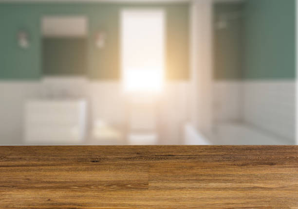 istock Clean and fresh bathroom with natural light.  The wooden table. Blurred interior. 896213712