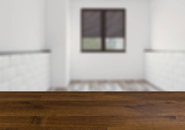 istock Scandinavian bathroom, classic  vintage interior design.  Empty wooden table. 896213758