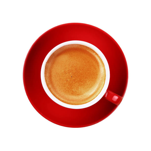 istock Full cup of espresso coffee in red cup on white 896217372