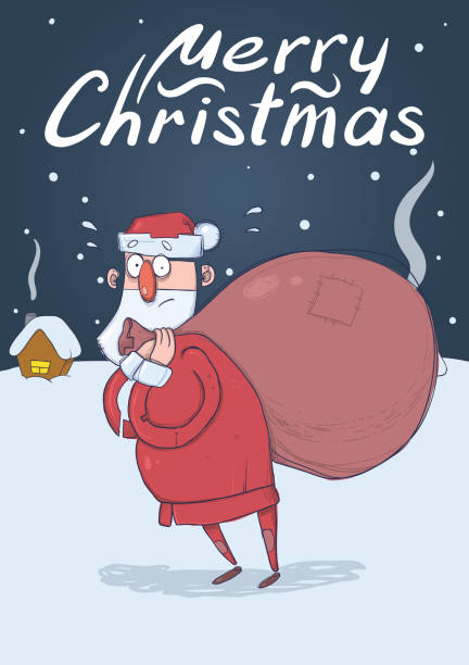 Christmas card with funny confused Santa Claus with big bag in the snowy night in front of festive houses. Santa looks lost. Vertical vector illustration. Cartoon character. Lettering. Copy space. Christmas card of funny confused Santa Claus with big bag in the snowy night in front of festive houses. Santa looks lost. Vertical vector illustration. Cartoon character. Lettering. Copy space. lost in space stock illustrations