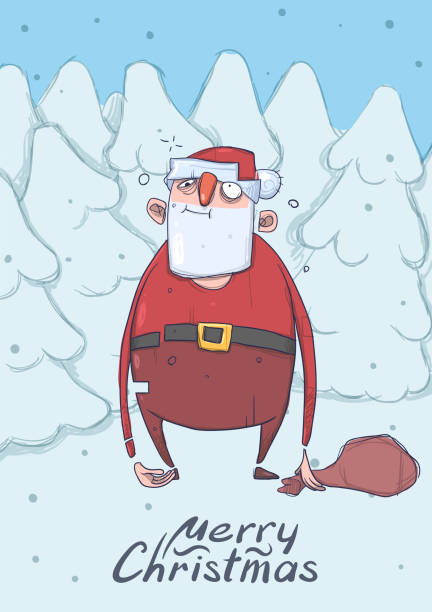 Christmas card of funny drunk Santa Claus with a bag in snowy spruce forest.Happy wasted Santa Claus got lost. Vertical vector illustration. Cartoon character. Lettering with copy space. Christmas card of funny drunk Santa Claus with a bag in snowy spruce forest. Wasted Santa Claus got lost. Vertical vector illustration. Cartoon character. Lettering with copy space. lost in space stock illustrations