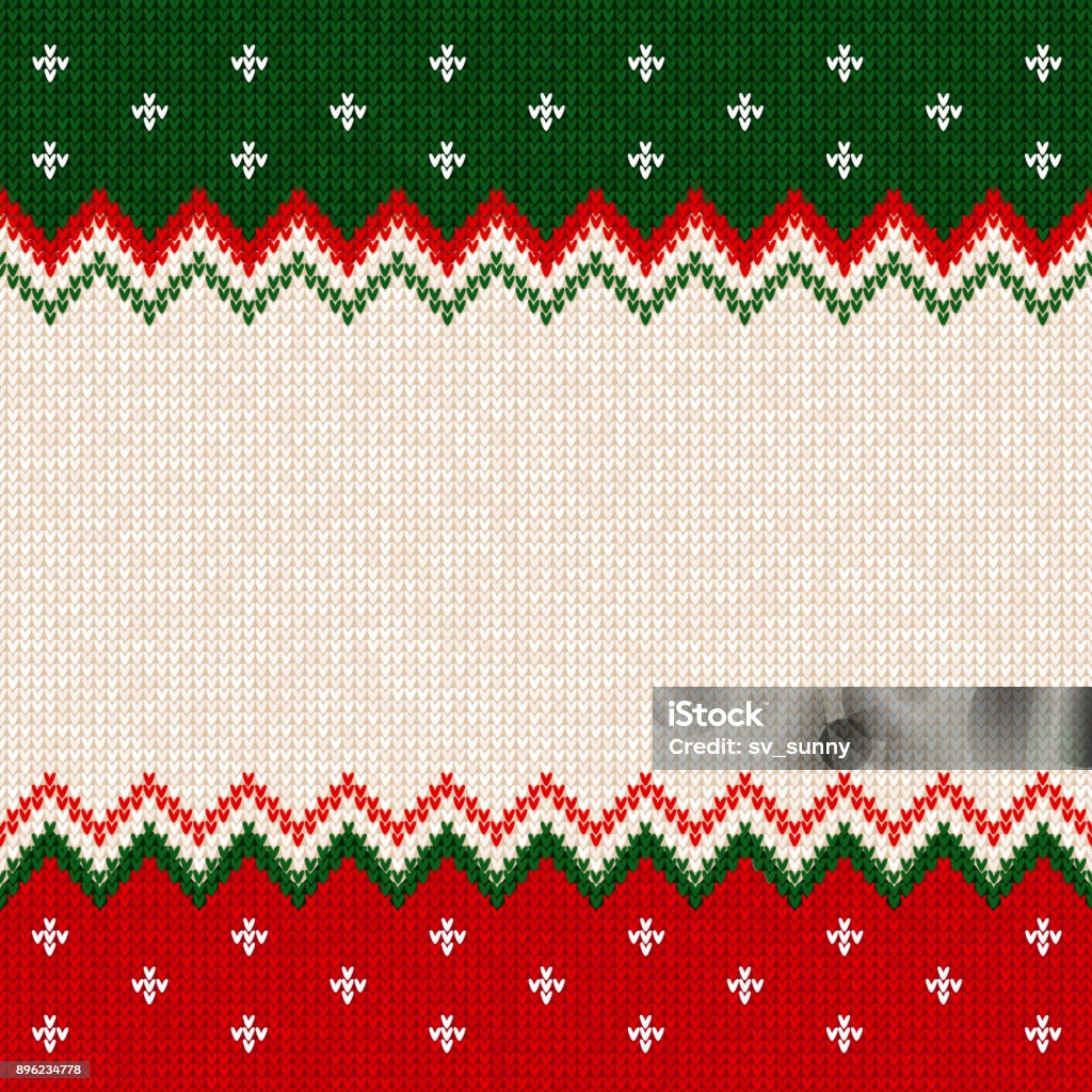 Merry Christmas Happy New Year greeting card frame scandinavian ornaments Ugly sweater Merry Christmas and Happy New Year greeting card frame border template. Vector illustration knitted background pattern with scandinavian ornaments. White, red, green colors. Flat style Christmas Sweater stock vector