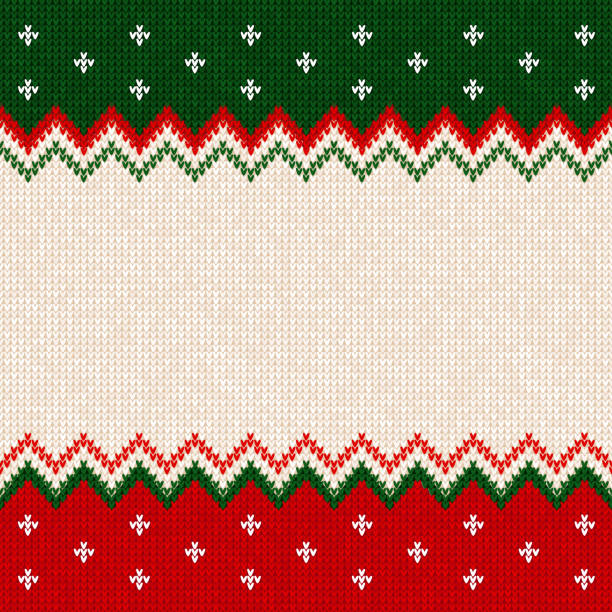 Merry Christmas Happy New Year greeting card frame scandinavian ornaments Ugly sweater Merry Christmas and Happy New Year greeting card frame border template. Vector illustration knitted background pattern with scandinavian ornaments. White, red, green colors. Flat style tradition illustrations stock illustrations