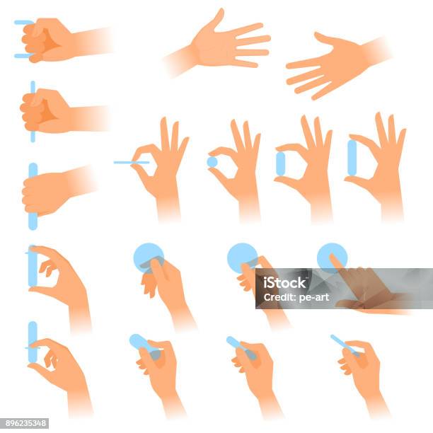 Various Gestures Of Human Hands With Objects Flat Vector Illustration Stock Illustration - Download Image Now