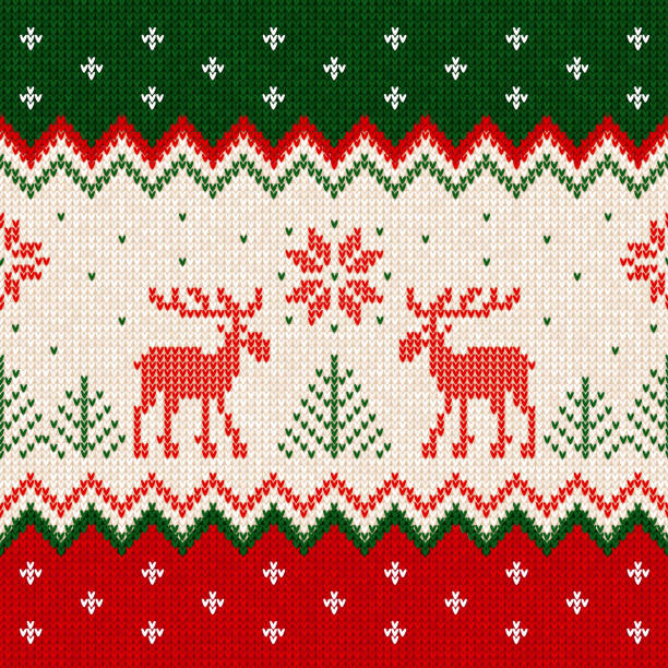 Merry Christmas New Year greeting card frame scandinavian ornaments deers Ugly sweater Merry Christmas and Happy New Year greeting card frame border template. Vector illustration seamless knitted background pattern deers scandinavian ornaments. White, red, green colors. christmas sweater stock illustrations