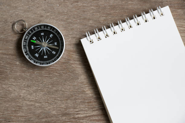 istock Blank note paper with compass on wood desk background 896241154