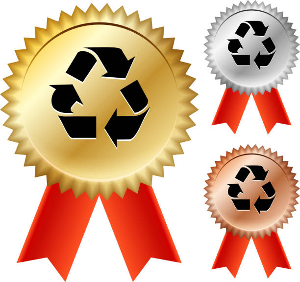 ilustraciones, imágenes clip art, dibujos animados e iconos de stock de reciclaje cintas de premio medalla de oro - silver medal award ribbon green