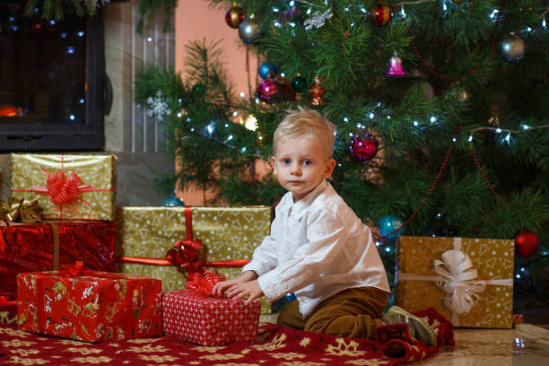 かわいい金髪の暖炉とクリスマス ツリーの下のプレゼントの近くの小さな男の子 - gift little boys people blond hair ストックフォトと画像