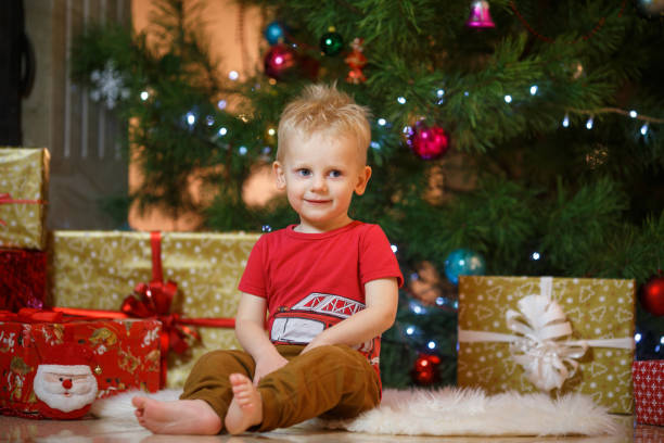 かわい��い金髪の暖炉とクリスマス ツリーの下のプレゼントの近くの小さな男の子 - gift little boys people blond hair ストックフォトと画像