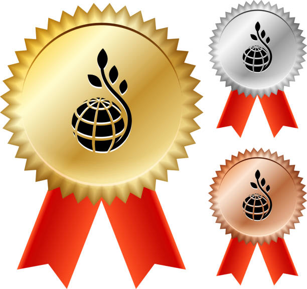 ilustrações de stock, clip art, desenhos animados e ícones de globe and plant stem gold medal prize ribbons - silver medal award ribbon green