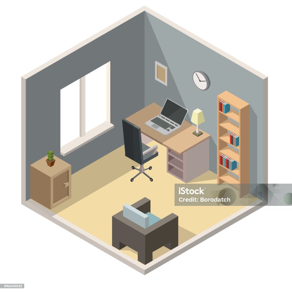 Home office isometric interior vector illustration cabinet Home Office stock vector