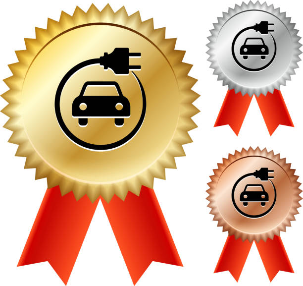 ilustraciones, imágenes clip art, dibujos animados e iconos de stock de coche eléctrico medalla de oro premio cintas - silver medal award ribbon green