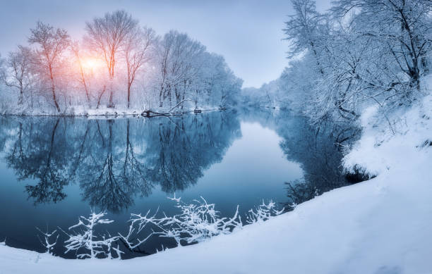 bosque de invierno en el río al atardecer. colorido paisaje con árboles nevados, río con reflejo en el agua en fría noche. nieve cubre árboles, lago, sol y cielo azul. bosque hermoso en el invierno cubierto de nieve - wintry landscape fotos fotografías e imágenes de stock