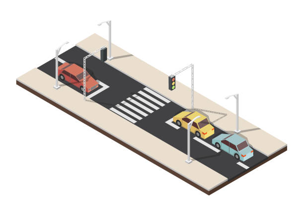 изометрический пешеходный переход с иллюстрацией вектора светофора - isometric road intersection land vehicle street stock illustrations