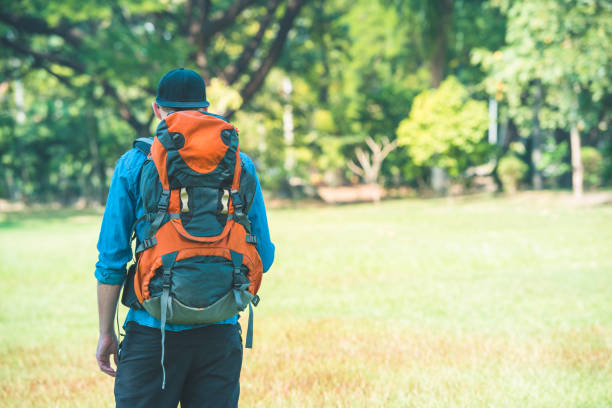istock Man with a backpack standing in a park. Backpacker in nature 896250166