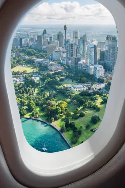 aerial view of Sydney from window seat, NSW, Australia.