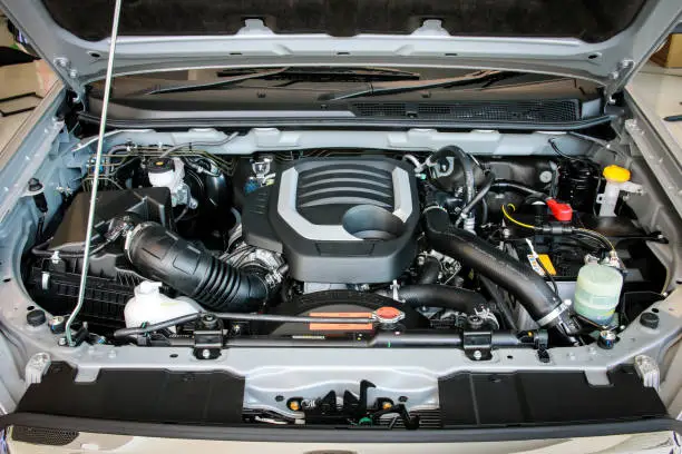 Photo of Pickup car with open hood, Car engine