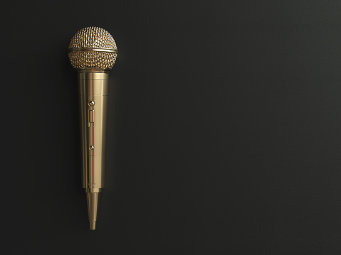 Golden microphone on matte background concept. 3d illustration