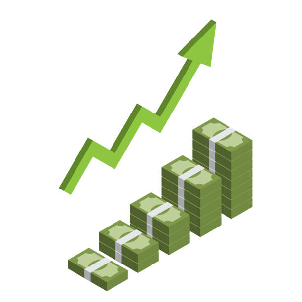 ilustrações de stock, clip art, desenhos animados e ícones de increasing stack of isometric money with arrow, making profit, revenue growth - cheap currency coin finance