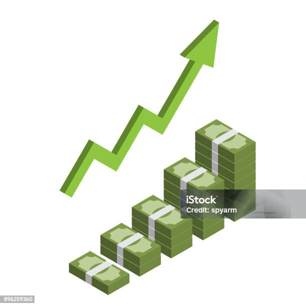 Increasing Stack Of Isometric Money With Arrow Making Profit Revenue Growth Stock Illustration - Download Image Now