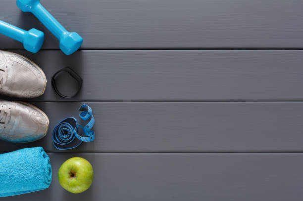 istock Fitness background, sport equipment, copy space 896260538