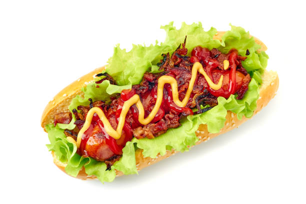 hot dog fatto in casa su bianco - sausage grilled isolated single object foto e immagini stock