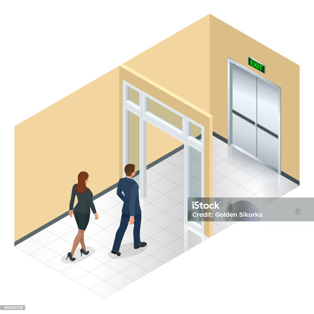 Businessman going exit door sign, emergency. Business solution or exit strategy concept. Leaving the office building. Isometric vector illustration Businessman going exit door sign, emergency. Business solution or exit strategy concept. Leaving the office building. Isometric vector illustration. Isometric Projection stock vector