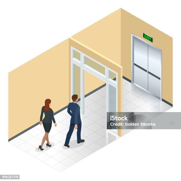 Businessman Going Exit Door Sign Emergency Business Solution Or Exit Strategy Concept Leaving The Office Building Isometric Vector Illustration Stock Illustration - Download Image Now