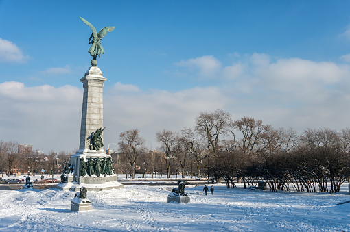 Montreal, CA - 17 December 2017. George-Etienne Cartier monument and Angel Statue on Mount Royal in Winter.
