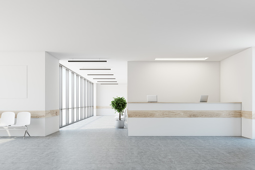 White reception desk with a wooden stripe is standing in a white office lobby with a row of doors, potted trees and a concrete floor with loft windows. 3d rendering mock up