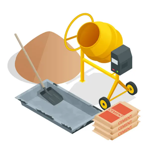 Vector illustration of Isometric Construction tools and materials. Building. Construction building icon isolated white background.