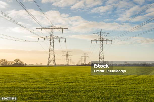 Dos Líneas Convergentes De Alta Tensión En Una Zona Rural Foto de stock y más banco de imágenes de Cable de conducción eléctrica
