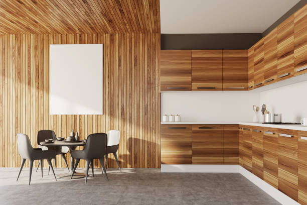 istock Dark wooden dining room with a poster 896274770