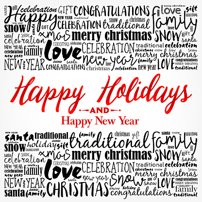 Happy Holidays and Happy New Year. Christmas background word cloud, holidays lettering collage