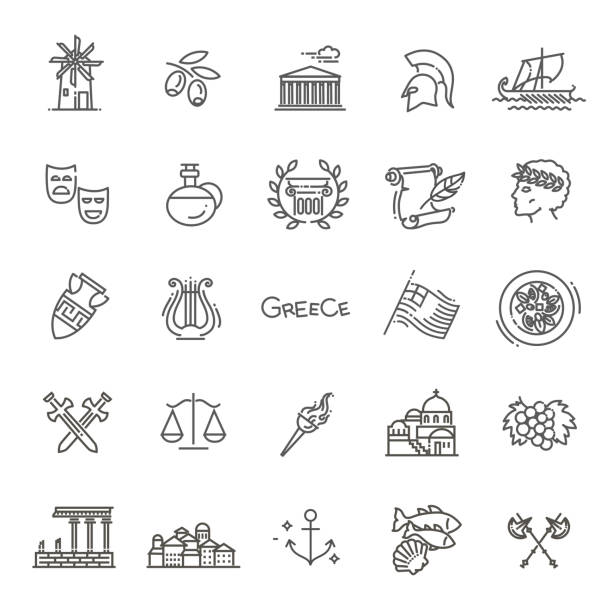 illustrazioni stock, clip art, cartoni animati e icone di tendenza di set di icone della linea grecia. vettore - ancient greece immagine