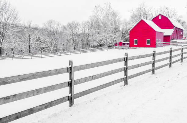 The beauty of the rural winter Lovely black and white, red farm scenery. Winter rural background new jersey photos stock pictures, royalty-free photos & images
