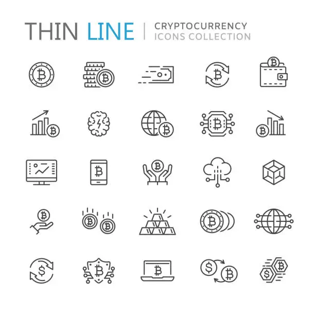 Vector illustration of Collection of cryptocurrency thin line icons