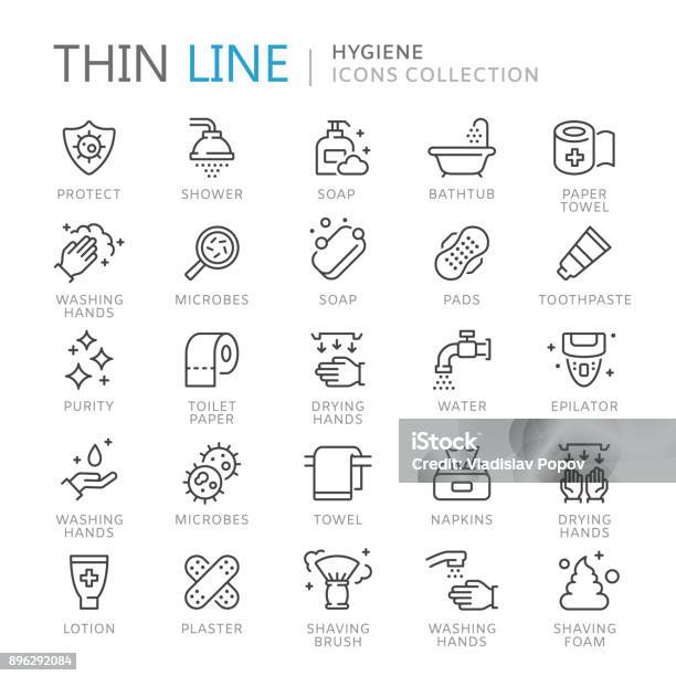 Sammlung Von Hygiene Dünne Linie Icons Stock Vektor Art und mehr Bilder von Icon - Icon, Hygiene, Reinigen