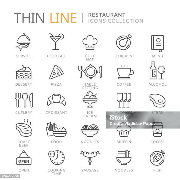 Sammlung Von Restaurant Dünne Linie Icons Stock Vektor Art und mehr Bilder von Icon - Icon, Restaurant, Speisekarte