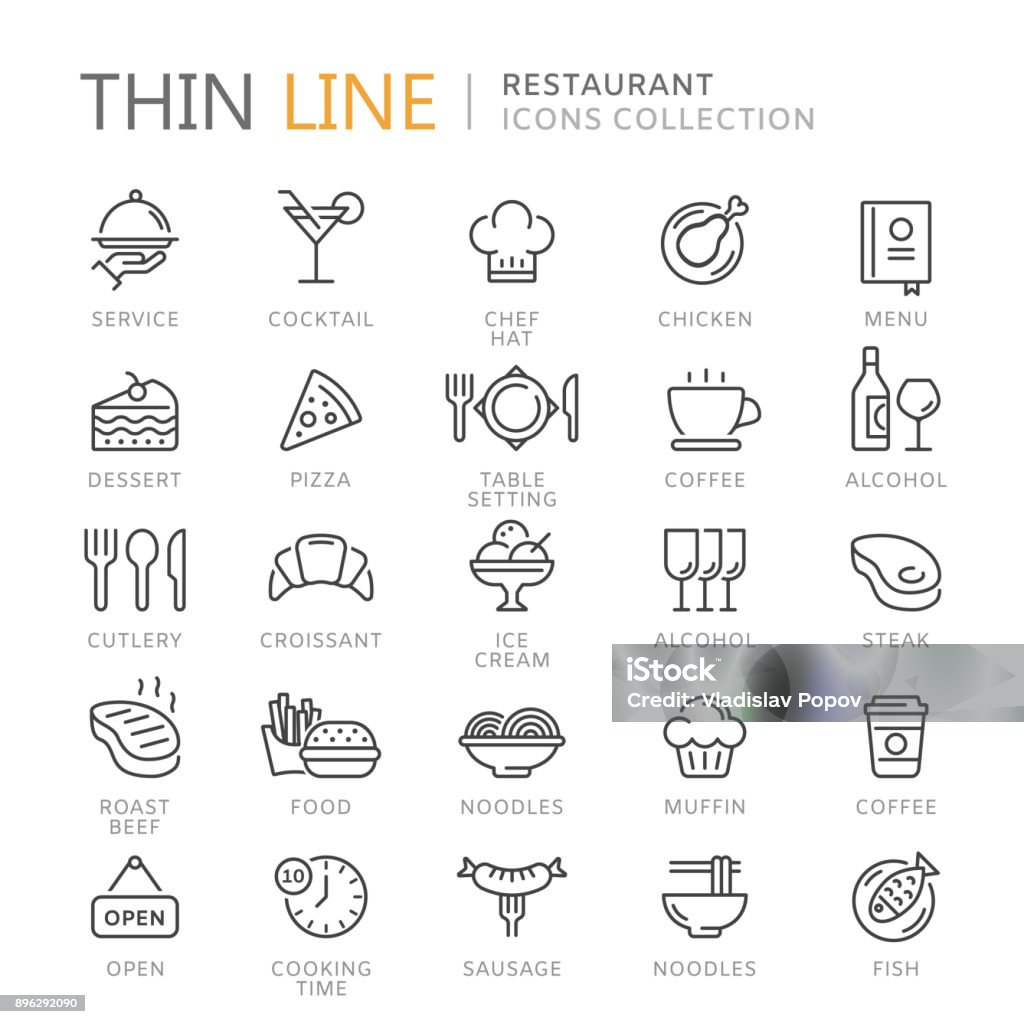 Collection d’icônes de fine ligne de restaurant - clipart vectoriel de Icône libre de droits