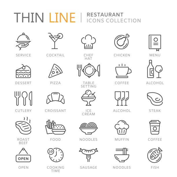 ilustrações, clipart, desenhos animados e ícones de coleção de ícones de linha fina de restaurante - meat food restaurant dinner