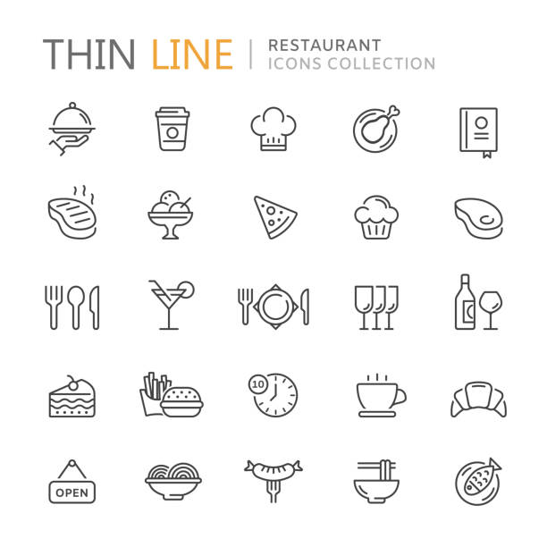 sammlung von restaurant dünne linie icons - cooking clothing foods and drinks equipment stock-grafiken, -clipart, -cartoons und -symbole