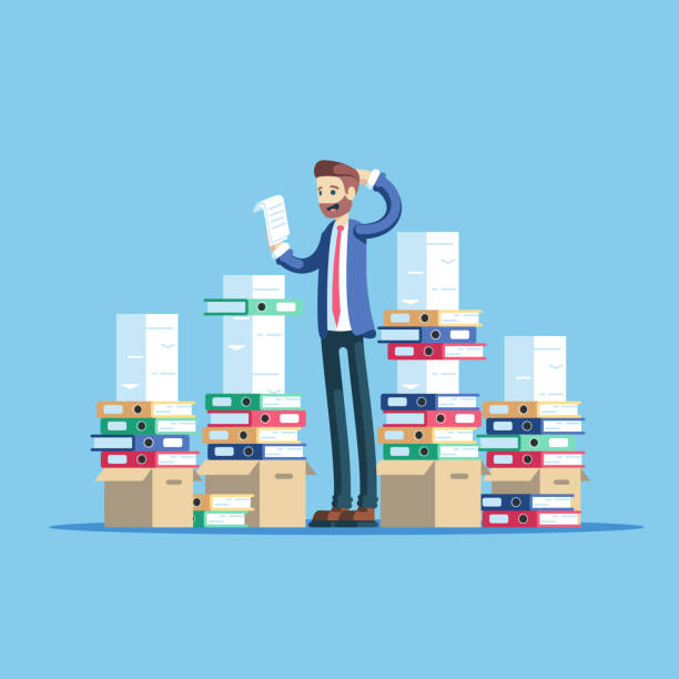 Businessman and documents Business concept paperwork and overworked flat vector illustration. Confused businessman trying to make out with a lot of paperwork. Office worker standing between big piles of documents and folders bureaucracy stock illustrations