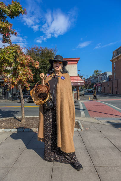 woman president trump supporter on the street of nyack, rockland county, hudson valley, new york. - donald trump presidente dos estados unidos imagens e fotografias de stock