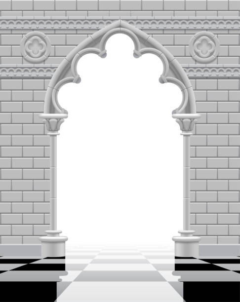 istock Gothic arch and wall in black and white colors on the glossy chess floor 896298272