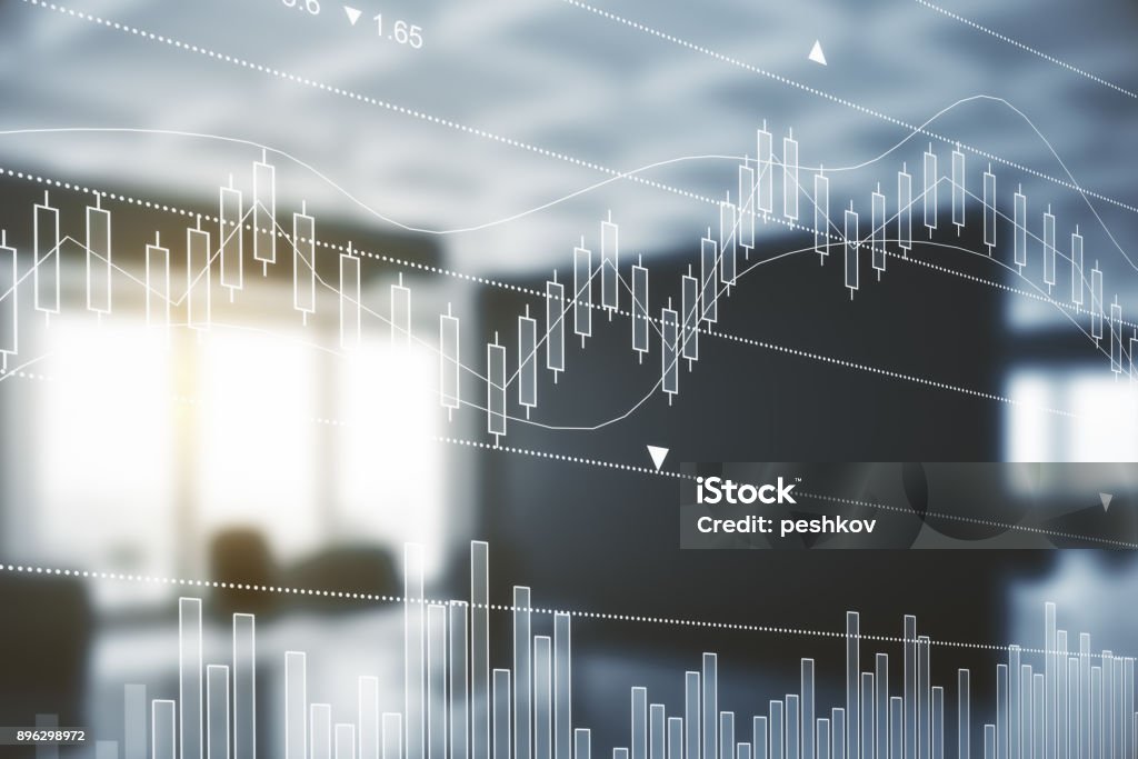 Business concept Abstract blurry office interior with forex chart. Business concept. Double exposure. Toned image Investment Stock Photo
