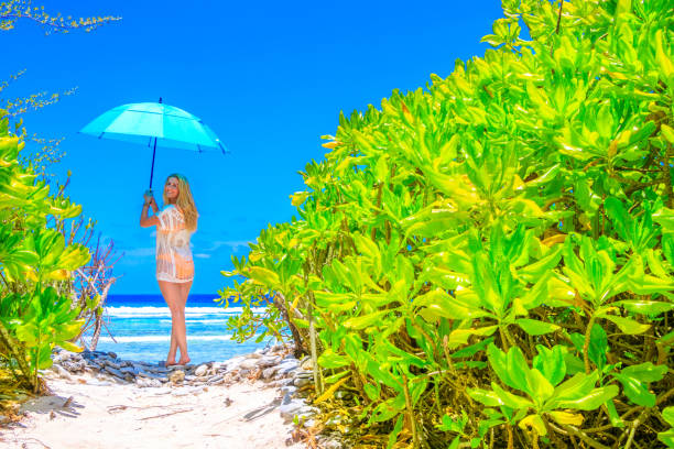 Blond woman with bikini and umbrella at the sea on Maldives Blond woman with bikini and umbrella at the sea on Maldives meeru island photos stock pictures, royalty-free photos & images